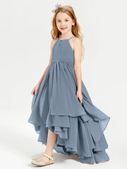 Chiffon Junior Bridesmaid Dresses Asymmetrical Cascading Skirt Dusty Blue