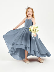 Chiffon Junior Bridesmaid Dresses Asymmetrical Cascading Skirt Dusty Blue
