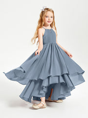 Chiffon Junior Bridesmaid Dresses Asymmetrical Cascading Skirt Dusty Blue
