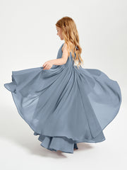 Chiffon Junior Bridesmaid Dresses Asymmetrical Cascading Skirt Dusty Blue