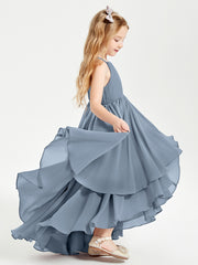 Chiffon Junior Bridesmaid Dresses Asymmetrical Cascading Skirt Dusty Blue