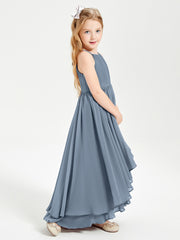 Chiffon Junior Bridesmaid Dresses Asymmetrical Cascading Skirt Dusty Blue