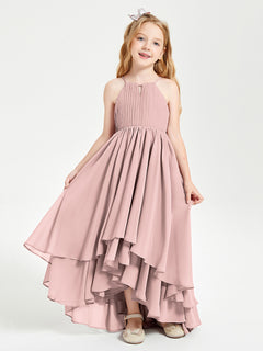 Chiffon Junior Bridesmaid Dresses Asymmetrical Cascading Skirt Dusty Rose