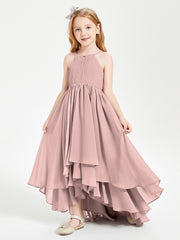 Chiffon Junior Bridesmaid Dresses Asymmetrical Cascading Skirt Dusty Rose