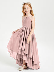 Chiffon Junior Bridesmaid Dresses Asymmetrical Cascading Skirt Dusty Rose