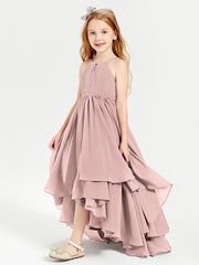 Chiffon Junior Bridesmaid Dresses Asymmetrical Cascading Skirt Dusty Rose