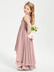 Chiffon Junior Bridesmaid Dresses Asymmetrical Cascading Skirt Dusty Rose