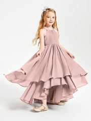 Chiffon Junior Bridesmaid Dresses Asymmetrical Cascading Skirt Dusty Rose