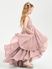 Chiffon Junior Bridesmaid Dresses Asymmetrical Cascading Skirt Dusty Rose
