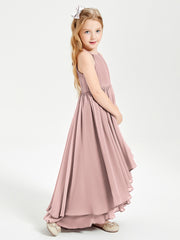 Chiffon Junior Bridesmaid Dresses Asymmetrical Cascading Skirt Dusty Rose