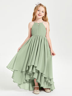 Chiffon Junior Bridesmaid Dresses Asymmetrical Cascading Skirt Dusty Sage