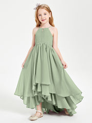 Chiffon Junior Bridesmaid Dresses Asymmetrical Cascading Skirt Dusty Sage