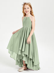 Chiffon Junior Bridesmaid Dresses Asymmetrical Cascading Skirt Dusty Sage