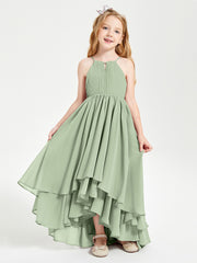 Chiffon Junior Bridesmaid Dresses Asymmetrical Cascading Skirt Dusty Sage