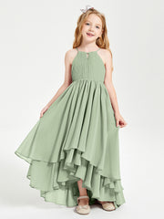 Chiffon Junior Bridesmaid Dresses Asymmetrical Cascading Skirt Dusty Sage