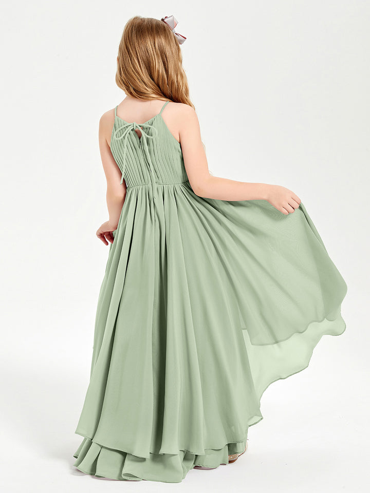 One Shoulder Chiffon and Lace Junior Bridesmaid Dresses Dusty Sage