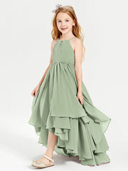 Chiffon Junior Bridesmaid Dresses Asymmetrical Cascading Skirt Dusty Sage