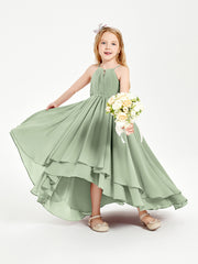 Chiffon Junior Bridesmaid Dresses Asymmetrical Cascading Skirt Dusty Sage