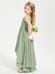 Chiffon Junior Bridesmaid Dresses Asymmetrical Cascading Skirt Dusty Sage
