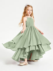 Chiffon Junior Bridesmaid Dresses Asymmetrical Cascading Skirt Dusty Sage