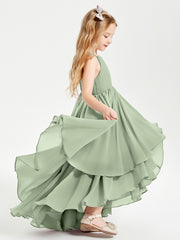 Chiffon Junior Bridesmaid Dresses Asymmetrical Cascading Skirt Dusty Sage