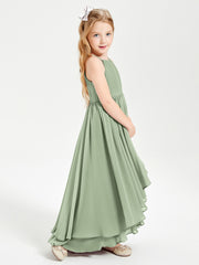 Chiffon Junior Bridesmaid Dresses Asymmetrical Cascading Skirt Dusty Sage