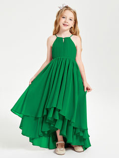 Chiffon Junior Bridesmaid Dresses Asymmetrical Cascading Skirt Emerald