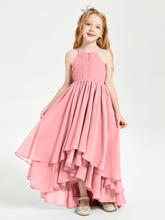 Chiffon Junior Bridesmaid Dresses Asymmetrical Cascading Skirt Flamingo