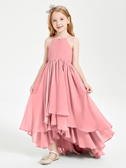 Chiffon Junior Bridesmaid Dresses Asymmetrical Cascading Skirt Flamingo