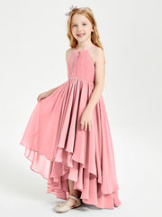 Chiffon Junior Bridesmaid Dresses Asymmetrical Cascading Skirt Flamingo