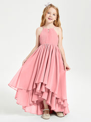 Chiffon Junior Bridesmaid Dresses Asymmetrical Cascading Skirt Flamingo