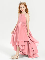 Chiffon Junior Bridesmaid Dresses Asymmetrical Cascading Skirt Flamingo