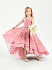 Chiffon Junior Bridesmaid Dresses Asymmetrical Cascading Skirt Flamingo