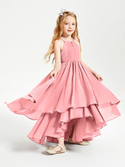 Chiffon Junior Bridesmaid Dresses Asymmetrical Cascading Skirt Flamingo