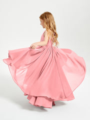 Chiffon Junior Bridesmaid Dresses Asymmetrical Cascading Skirt Flamingo