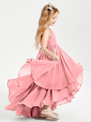 Chiffon Junior Bridesmaid Dresses Asymmetrical Cascading Skirt Flamingo