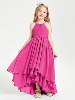 Chiffon Junior Bridesmaid Dresses Asymmetrical Cascading Skirt Fuchsia