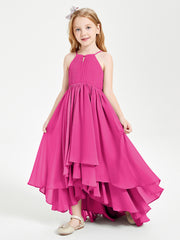 Chiffon Junior Bridesmaid Dresses Asymmetrical Cascading Skirt Fuchsia