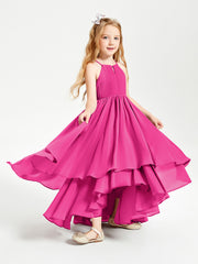Chiffon Junior Bridesmaid Dresses Asymmetrical Cascading Skirt Fuchsia