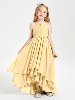 Chiffon Junior Bridesmaid Dresses Asymmetrical Cascading Skirt Gold