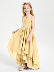 Chiffon Junior Bridesmaid Dresses Asymmetrical Cascading Skirt Gold