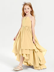 Chiffon Junior Bridesmaid Dresses Asymmetrical Cascading Skirt Gold