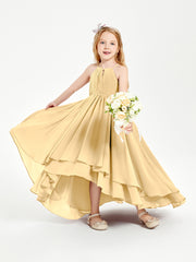 Chiffon Junior Bridesmaid Dresses Asymmetrical Cascading Skirt Gold