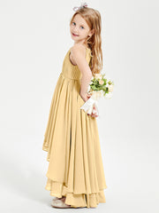 Chiffon Junior Bridesmaid Dresses Asymmetrical Cascading Skirt Gold