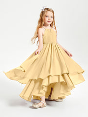 Chiffon Junior Bridesmaid Dresses Asymmetrical Cascading Skirt Gold