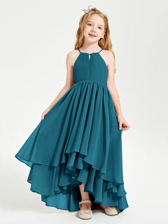 Chiffon Junior Bridesmaid Dresses Asymmetrical Cascading Skirt Ink Blue