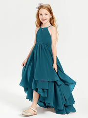 Chiffon Junior Bridesmaid Dresses Asymmetrical Cascading Skirt Ink Blue