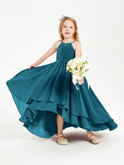 Chiffon Junior Bridesmaid Dresses Asymmetrical Cascading Skirt Ink Blue