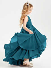 Chiffon Junior Bridesmaid Dresses Asymmetrical Cascading Skirt Ink Blue