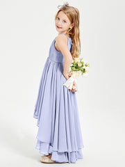 Chiffon Junior Bridesmaid Dresses Asymmetrical Cascading Skirt Lavender